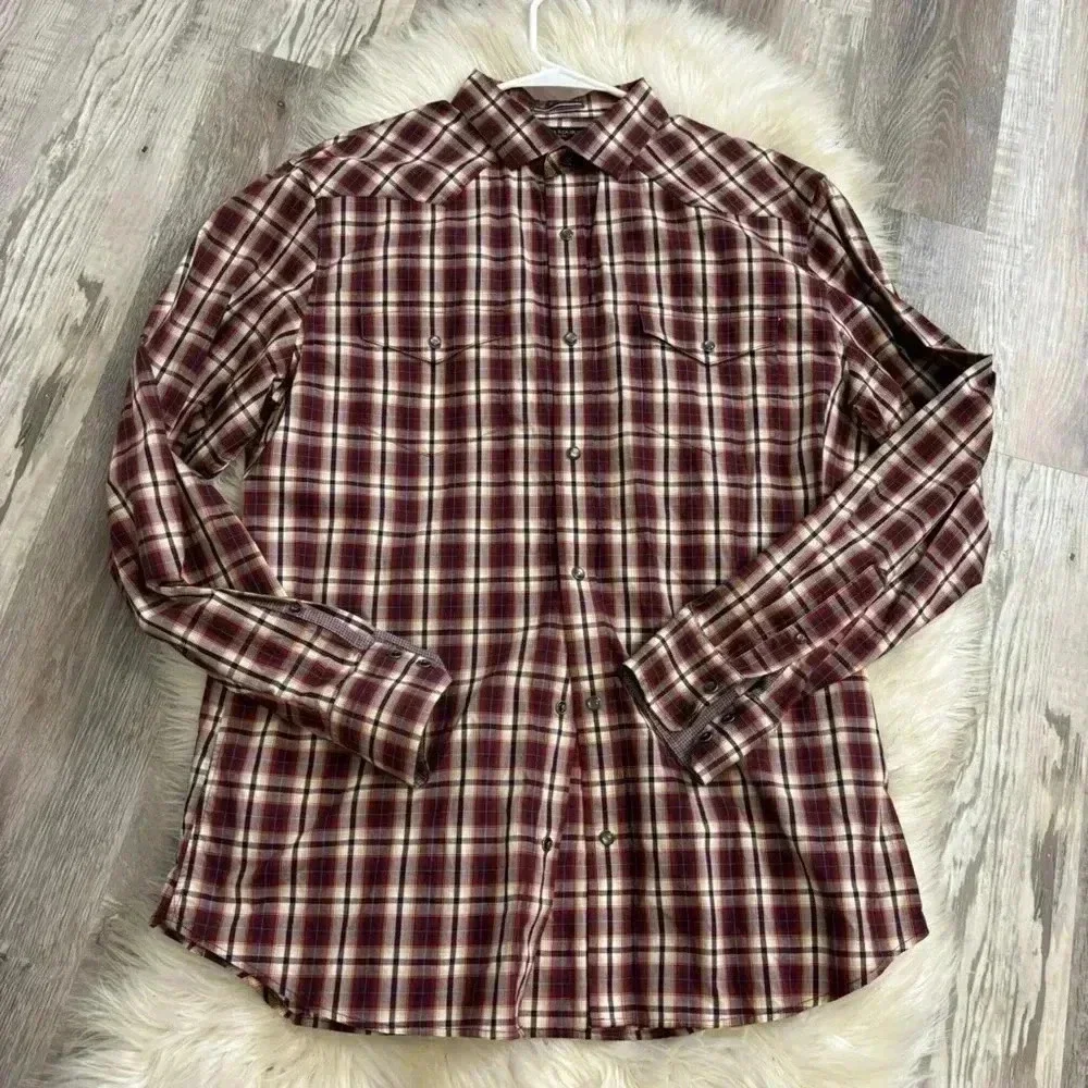 Banana republic slim fit red brown blue plaid pearl button western shirt Large